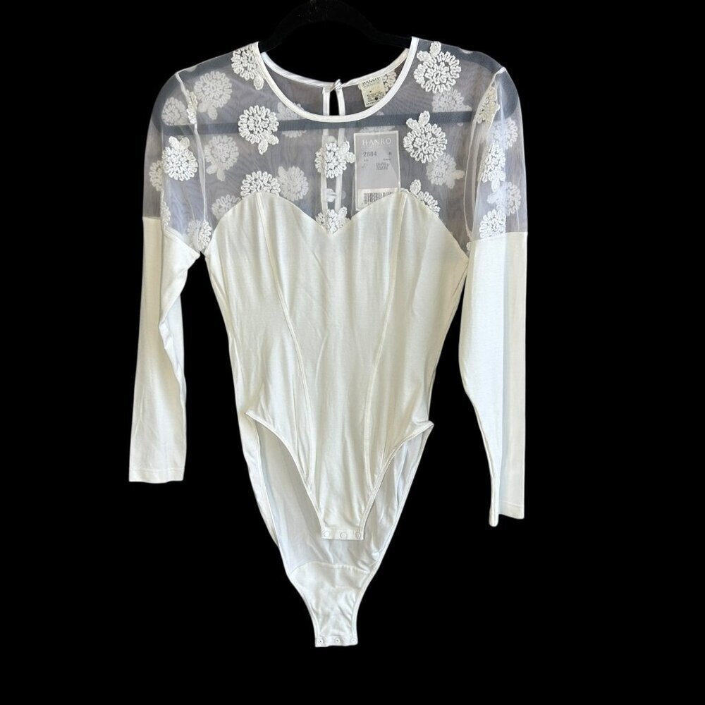 Hanro of Switzerland White Floral Mesh Lace Long Sleeve Bodysuit Size M NWT